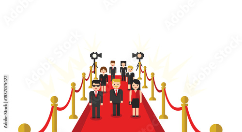 Formally dressed individuals walk a red carpet with golden stanchions.