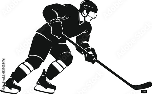 Black silhouette of a professional ice hockey player in full gear skating and handling a puck on white background.
