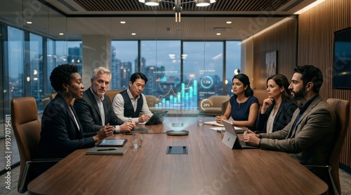 Business Team Analyzes Holographic Data in Modern Conference Room