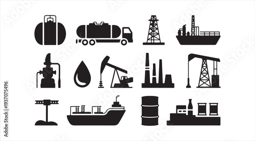 Industrial oil and gas equipment icons isolated in minimal black silhouette style ⛽📈
