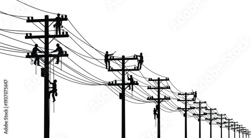 Black silhouette of professional linemen working on high voltage power lines and utility poles against a white background for industry.