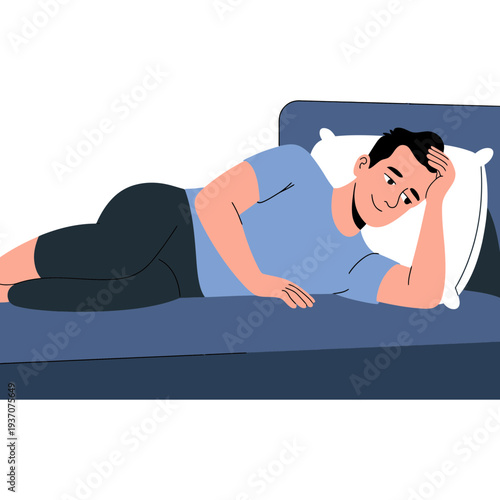 A man sleeping peacefully in bed at night with a smile