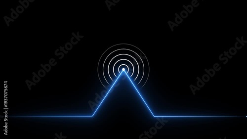 Glowing neon line animated by radio wave animation on a black screen background. Radio wave tower connective network and signal waves. Radio waves signal animation.