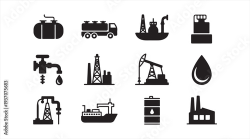 Oil and gas industry silhouettes collection with refinery drilling rig and fuel icons