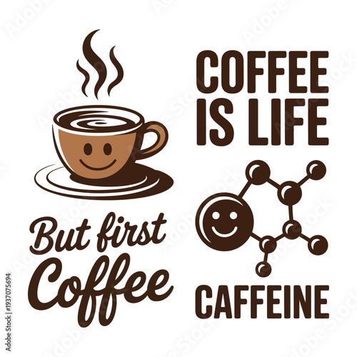 A coffee cup icon with a smiley face and caffeine molecule illustration