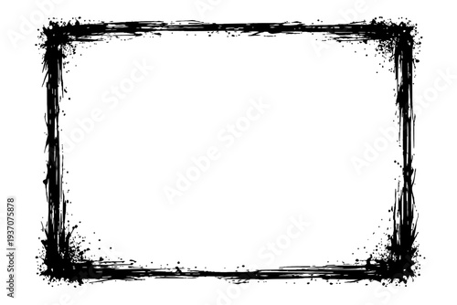 Black grunge frame, distressed brush strokes, ink splatters. Edgy, artistic border for graphic design, photos, web projects, documents, and art. Versatile rectangular outline for impactful visual pres