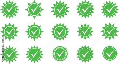 Green Verified Badge Icon Set with Check Mark Starburst Seals for Approved Quality Certification, Trusted Guarantee Labels, Product Validation, and Security Verification Design