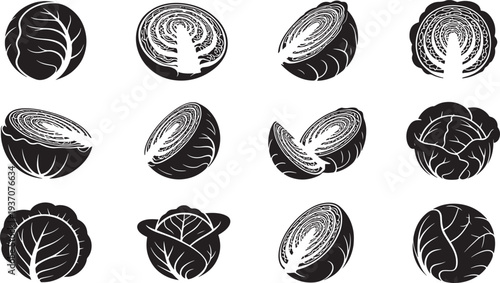 Black and white of various cabbage and lettuce leaves in circular shapes