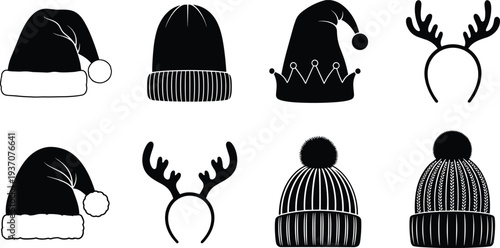 Christmas and winter hat silhouette set featuring Santa hats, elf caps, reindeer antlers, and knit beanies for holiday vector design.