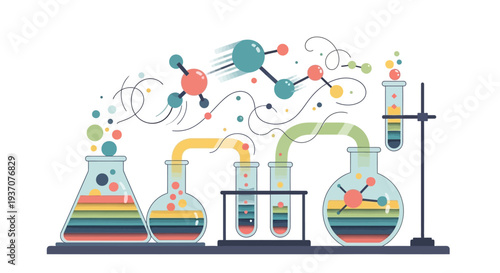 Colorful laboratory equipment setup with beakers and flasks.