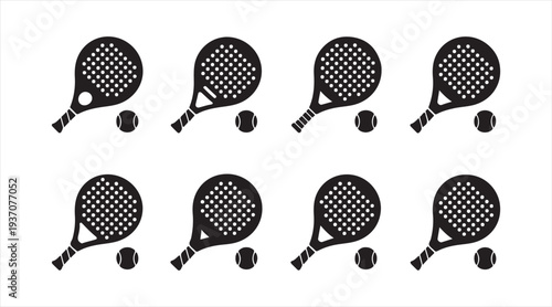 Minimal tennis racquet icon set isolated in black style for sports graphics