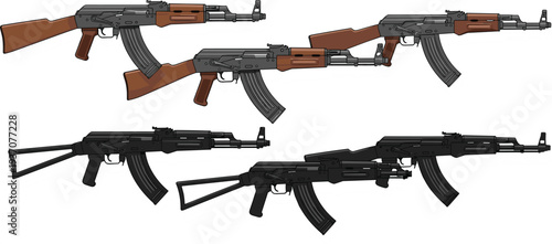 Assortment of AK-47 rifle illustrations with wood and black finishes Keywords: AK-47, rifle, assault rifle, firearm, weapon