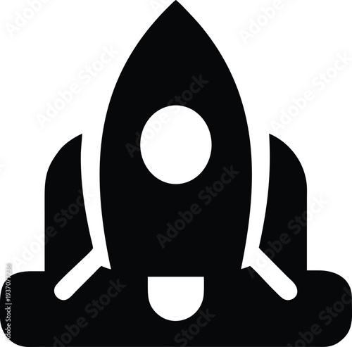 Black vector icon depicting a rocket ship on a launch pad, ready for space exploration.