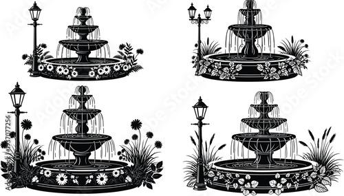 Classical tiered garden fountain silhouettes with ornate street lamps and blooming flowers for park landscape and architectural exterior design