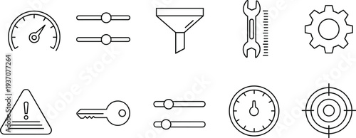 Collection Of Minimalist Black Line Icons For Industrial Engineering And Maintenance Featuring Speedometer Gear Wrench Key Warning Symbol Filter Sliders And Technical Diagnostics