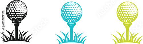 Colorful set of golf ball icons on a tee in grass featuring black blue and lime green designs for sports branding and tournament tournament graphics.