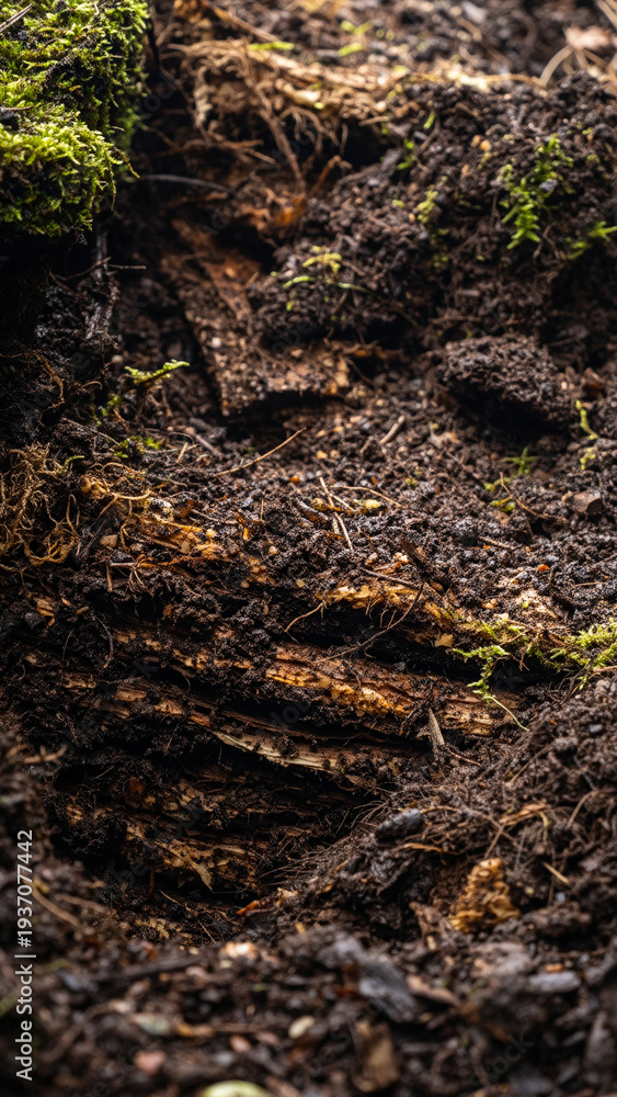 Fototapeta premium Close-up of dark, moist soil with small green moss patches.