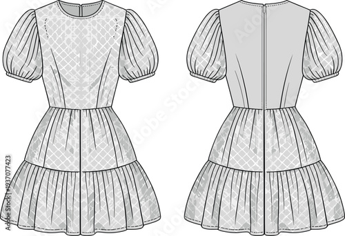 A white dress with a diamond pattern and puffed sleeves shown from front and back views front view