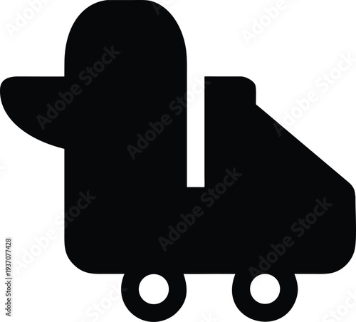 Simple black and white vector icon of a cargo spacecraft with wheels, symbolizing space transport.