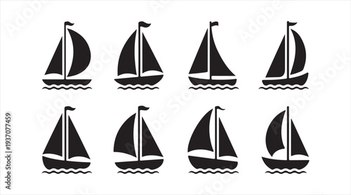 Black silhouette sailboat icons isolated for marine transportation and sailing design