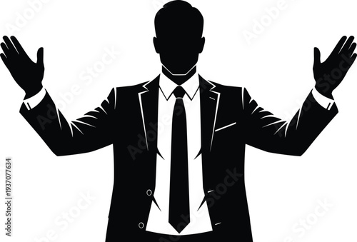 Businessman silhouette with raised hands gesture representing leadership success presentation communication confidence and motivation corporate professional vector illustration