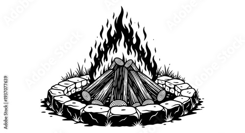 A striking black and white vector illustration depicts a roaring campfire with sharply detailed wooden logs arranged inside a circular stone fire pit, surrounded by small tufts of wild grass and dirt