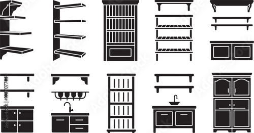 Black and white of various furniture and kitchen shelf
