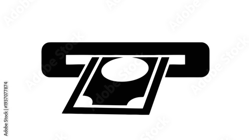 Vector illustration of black and white icon of a bill being inserted into a machine on a transparent background