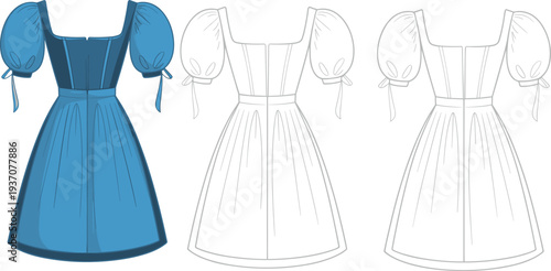 Blue Dress with Puffed Sleeves and Two Versions of the Same Dress Outline Fashion dress outline white dress