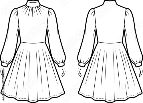 Black and white line of a woman wearing a long sleeved dress with a flared skirt and cuffed sleeves