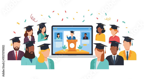 Virtual Graduation Ceremony. Diverse Students Celebrating Online Commencement on Laptop Screen via Video Conference.