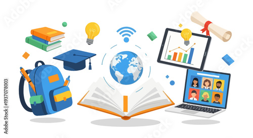 E-learning Ecosystem: Digital Education Concept with Books, Graduation Cap, Laptop Video Conference, Global Connection, and Success.