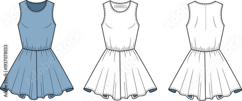 Blue sleeveless dress with gathered skirt and white dress pattern with dotted lines