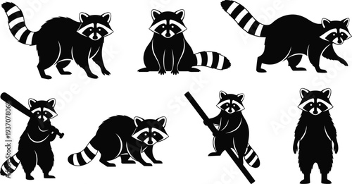 Collection of black raccoon silhouettes in various poses including walking, sitting, standing, and holding objects isolated on white background.