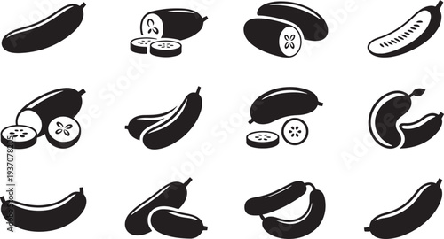 Black and white of various sliced and whole cucumbers and zucchinis vegetable