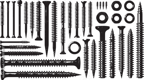 Black screws and nails on white background washers