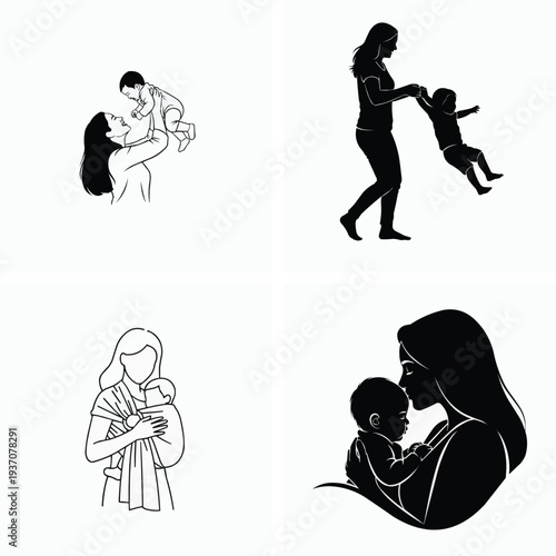 Mother and baby illustrations in various poses and styles isolated on transparent background