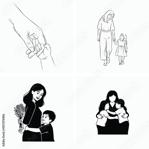 Mother and child bonding moments illustrated in various tender and loving scenes together forever
