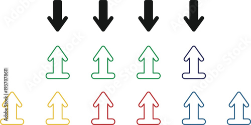 Colorful arrow icon set featuring various solid black down arrows and outlined up arrows in green, blue, yellow, and red flat vector style.