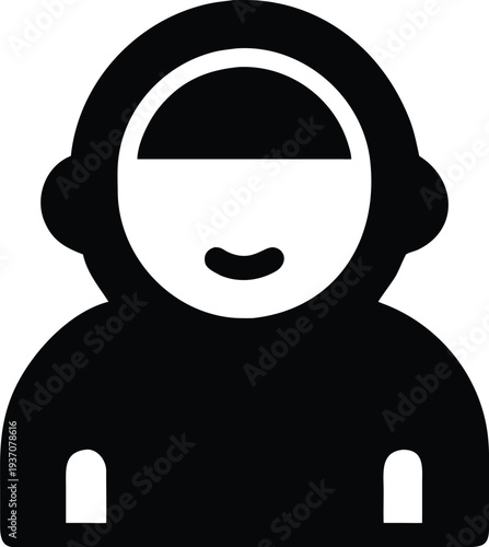 Friendly black and white vector icon of a smiling cosmonaut, embodying space exploration.