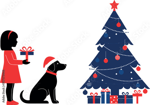 Minimal Christmas illustration of little girl holding gift with dog wearing Santa hat beside decorated tree and presents on white background flat vector style