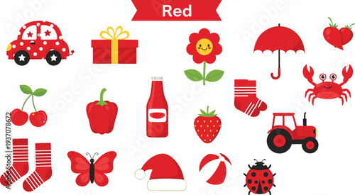 Collection of red objects for kids education featuring car, gift, flower, umbrella, cherry, pepper, ketchup, strawberry, crab, tractor, butterfly, and santa hat.