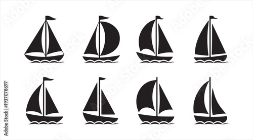 Minimal sailboat silhouettes collection with nautical sailing boats on ocean waves