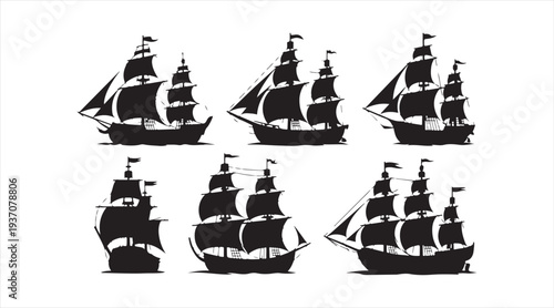 Historic tall sailing ships icon set isolated in black silhouette style for nautical themes