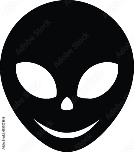 Black silhouette of a smiling alien face with large eyes and a small nose on a white background.