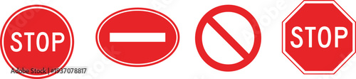 Collection of Red Prohibition and Stop Traffic Signs Featuring Circular Oval and Octagonal Shapes with White Text and Symbols for Road Safety and Regulation