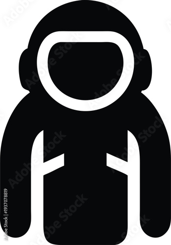 Minimalist black and white vector icon of an astronaut suit, representing space exploration gear.