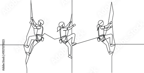 Continuous line drawing of rock climbers ascending a mountain peak symbolizing teamwork persistence achievement ambition and business growth success in minimalist vector style.