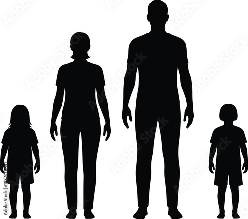 Family silhouettes showing father mother son and daughter standing together representing parenthood childhood family life and human growth stages vector illustration set