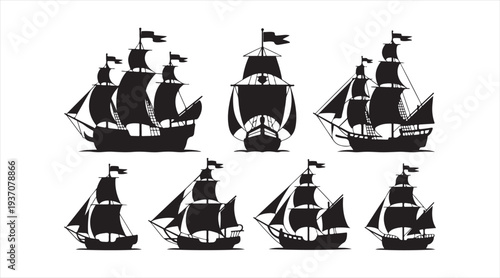 Vintage sailing ship silhouettes collection with classic pirate sailboat and maritime vessels